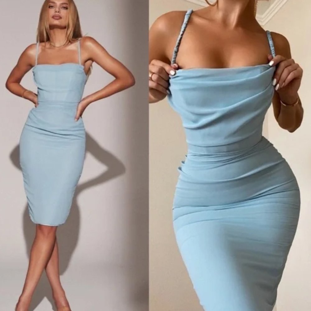 House Of CB Jamille Draped Corset Midi Dress in Light Blue/Baby Blue